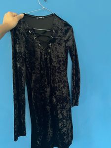 Shein Black Velvet Lace-Up Dress