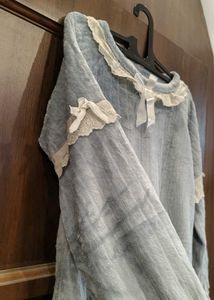 Cozy Blue Lace Trim Pajama Top
