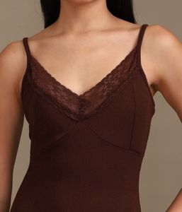 Brown Lace Trim Mini Dress