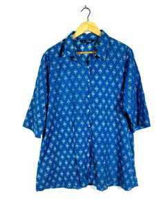 Blue Printed Shirt Style Top For Women's