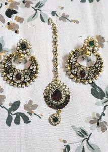 Kunadan Earrings And Maangteeka Set