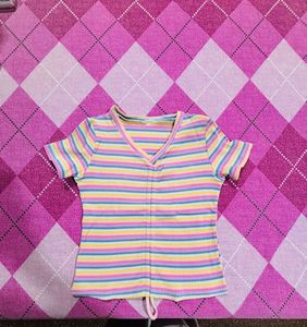Striped Ruched V-Neck Tee