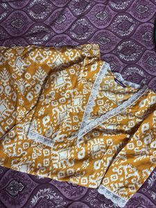 Yellow Printed Kurta Set with Lace Trim