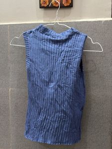 Blue Ribbed Sleeveless Mock Neck Top