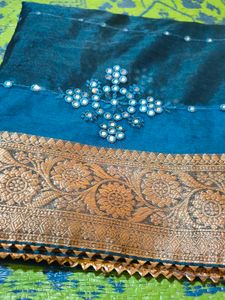 blue organza saree
