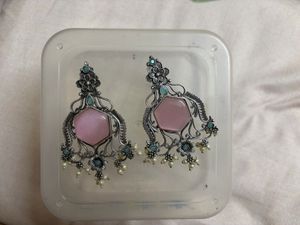 Elegant Pink Stone & Pearl Dangler Earrings