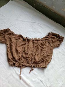 Brown Off-Shoulder Smocked Crop Top
