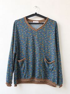 Blue Floral Long Sleeve V-Neck Top