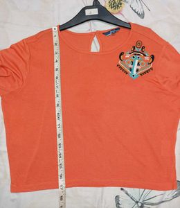 Ajio Orange Long Sleeve crop Top with Embroidery