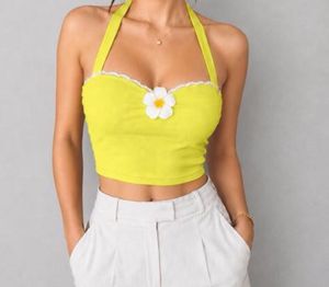 Yellow Halter Neck Crop Top with Flower Detail