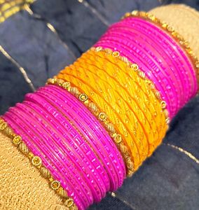 Stylish Pink &amp; Yellow Bridal Chura Set