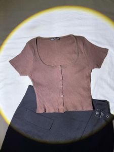 Brown Ribbed Button-Up Crop Top