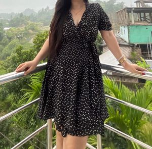 Black retro Polka Dot Wrap Dress