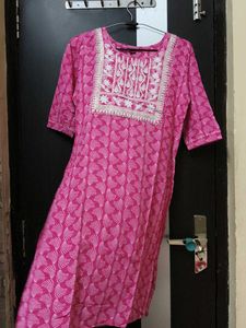 Pink Printed Kurta with White Embroidery