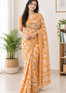 Orange Floral Print Saree