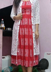 Red Printed A-Line Dress with White Lace Shrug Set