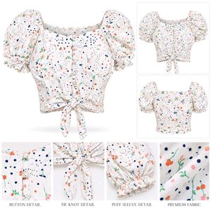 Cute Floral Tie-Front Puff Sleeve Top