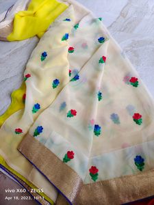 Cream &amp; Lemon Yellow Saree