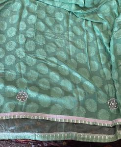 Green Embroidered Saree with attached blouse Piece
