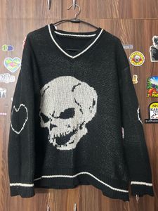 Black Skull Print V-Neck Sweater