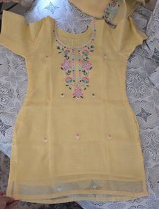 Beautiful Yellow Farsi Suit with Embroidered Borde