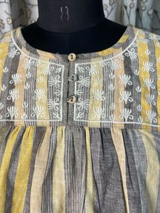 Striped Cotton Kurta with Embroidered Yoke