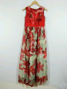 Neerus Red And Cream Floral Printed Sleeveless Long Dress (Women)