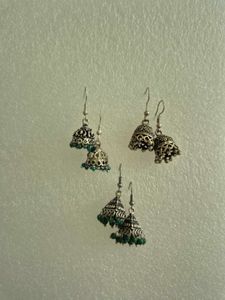 Silver Jhumka Earrings with Green Beads - Unused