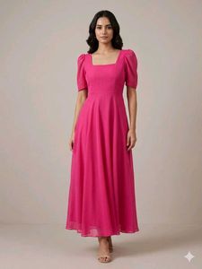 Vibrant Pink Square Neck Puff Sleeve Midi Dress