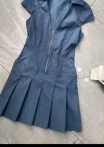 Blue Collared Zip-Up Pleated Dress