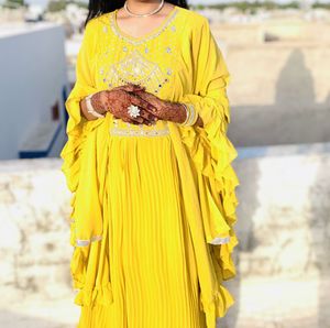 Vibrant Yellow Pleated Ethnic Gown with dupatta💛�