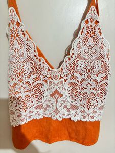 Orange Lace Trim Crop Top