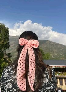 Crocheted Pink Bow Hair Clip combo with crochet ra