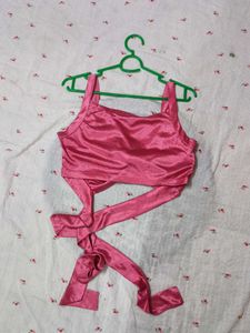 Stylish Pink Satin Twist Front Halter Top