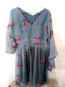 Embroidered Grey Flare Dress
