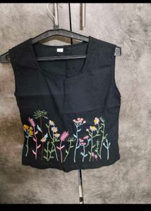 Black Embroidered Sleeveless Top and Pants Set