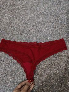 Lace Trimmed Thong Panty - Red
