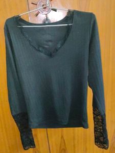 Chic Black Long Sleeve Top with Lace Detail