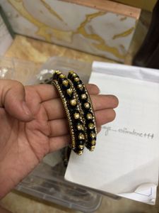 Onyx Black &amp; Gold Pearl-Bead Kada Pair