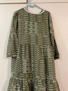 Olive Green Printed Tiered Kurti/Dress