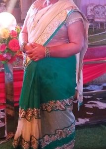 Beautiful Cream And Green Colour Net Saree Golden