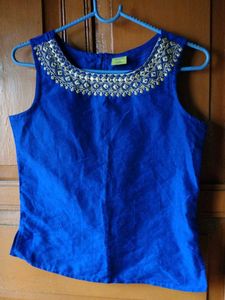 Elegant Blue Embroidered Sleeveless Blouse