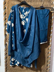 Elegant Blue Floral Print Kurta Set With Duppta