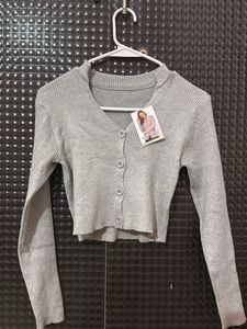 Grey Ribbed Button-Up Cropped Cardigan