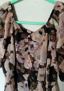 Floral Print Sheer Puff Sleeve Blouse