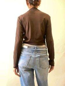 Brown Mock Neck Cutout Long Sleeve Top