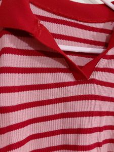 Pink &amp; Red Striped Polo Crop Top