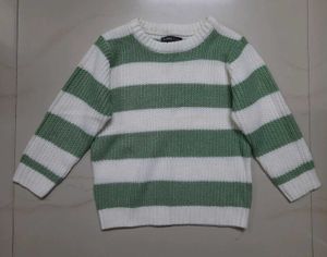 White and Sage Green Striped Knit Sweater