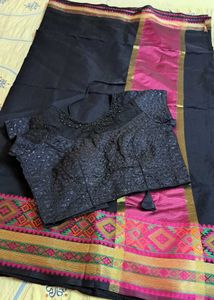 Elegant Black Saree with Pink Border
