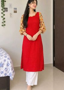 Vibrant Red Kurta with Floral Sleeves